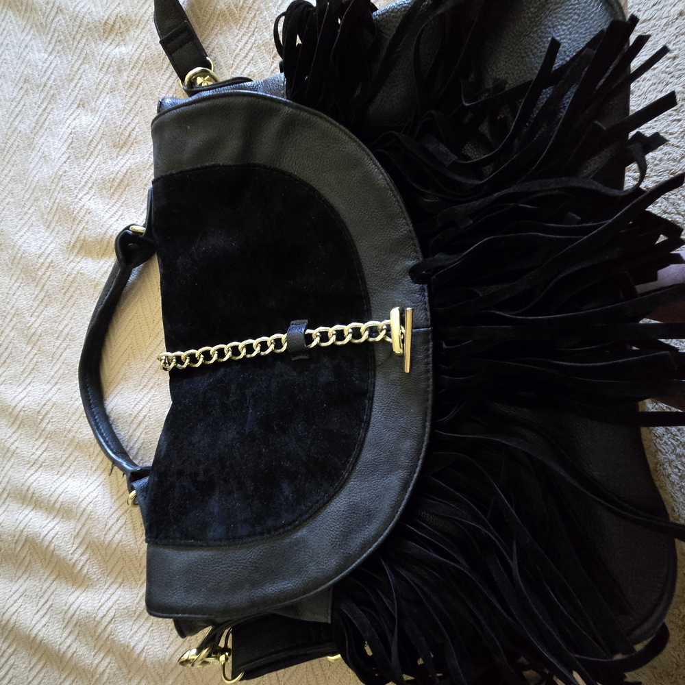 Black Leather Shoulder Bag with Gold Chain